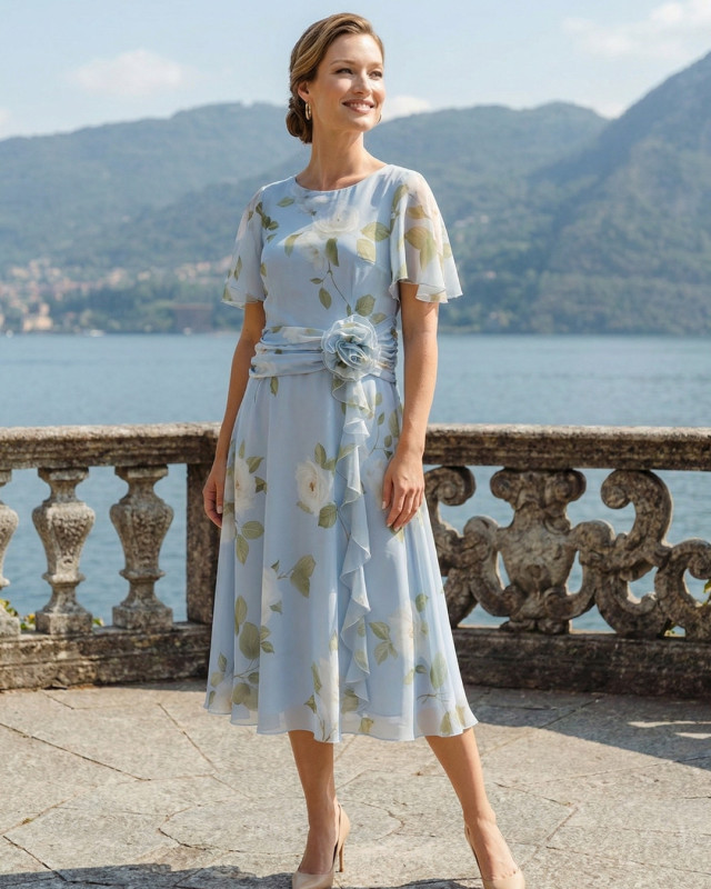Chiffon-Midikleid mit Blumenmuster und Rose in der Taille