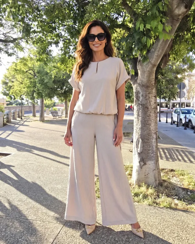 Beige crinkled viscose set – wide-leg trousers and a blouse
