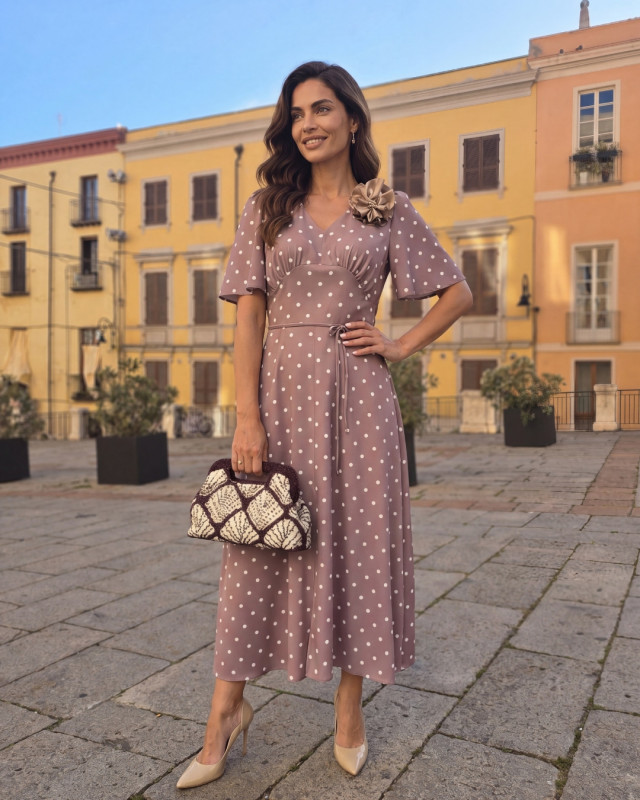 Midi-Kleid in Fango mit Punkten, mit Rose und V-Ausschnitt