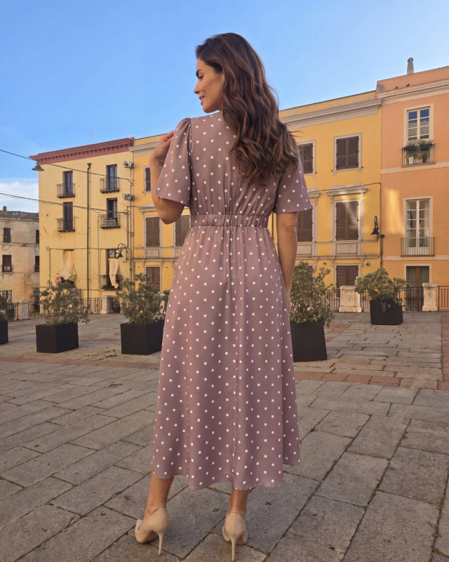 Midi-Kleid in Fango mit Punkten, mit Rose und V-Ausschnitt