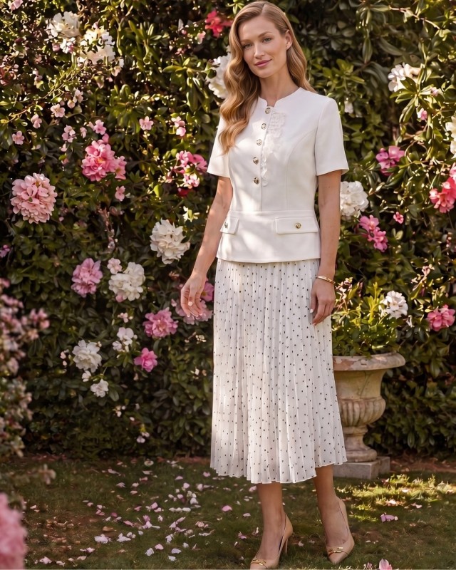 Elegant women's set with a pleated polka dot midi skirt