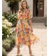 Floral midi dress with a stand-up collar and a belt with a silver buckle