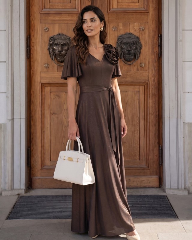 Rochie lungă ciocolatie cu crăpătură | POZA