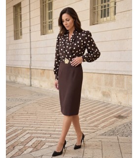Mistik Brąz Grochy elegancka sukienka w stylu biurowym