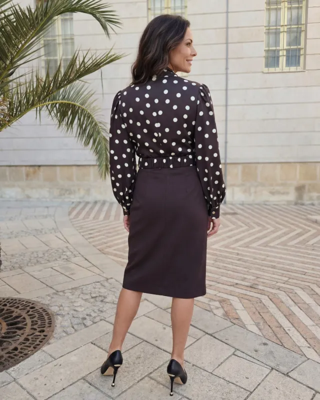 Mistik Brąz Grochy- elegancka sukienka w stylu biurowym