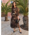 Oriane Brąz elegancka sukienka midi z aksamitnym kwiatowym wzorem