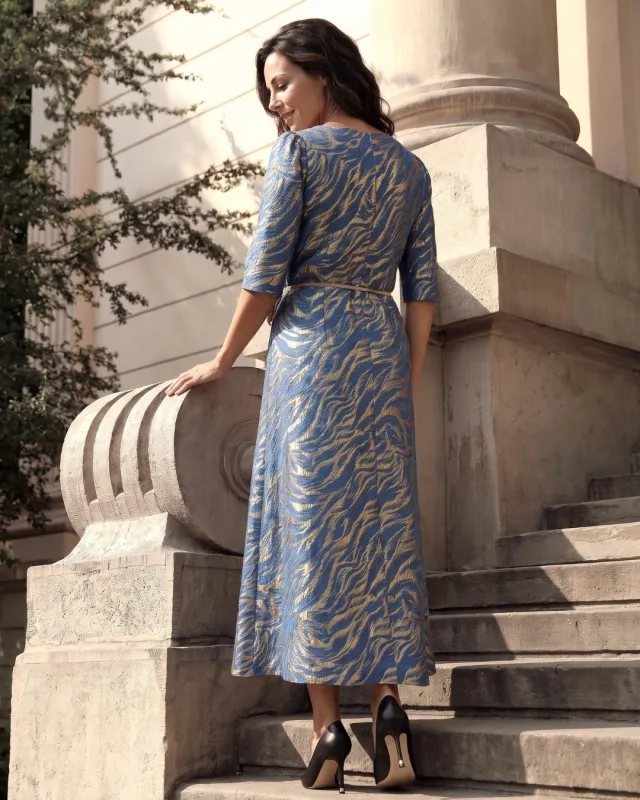 Romina Kobalt – langes Jacquard-Abendkleid | POZA