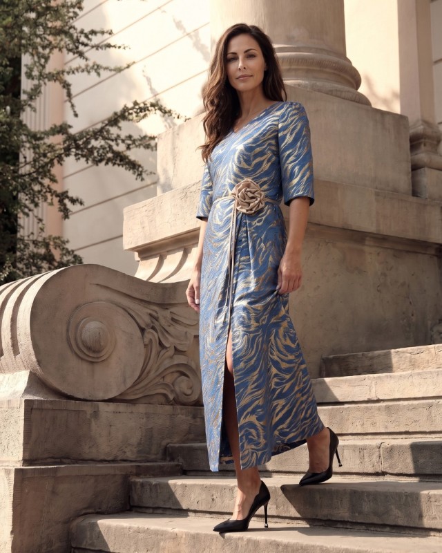 Romina Kobalt – langes Jacquard-Abendkleid | POZA