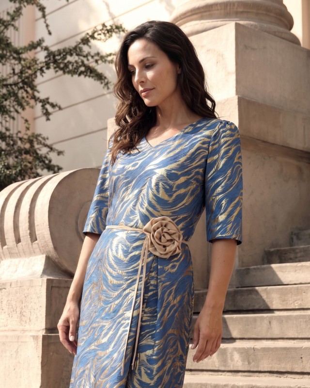 Romina Cobalt - long jacquard evening dress with a gold pattern