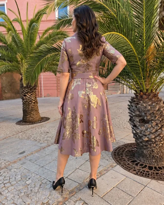 Brown floral taffeta midi dress | POZA