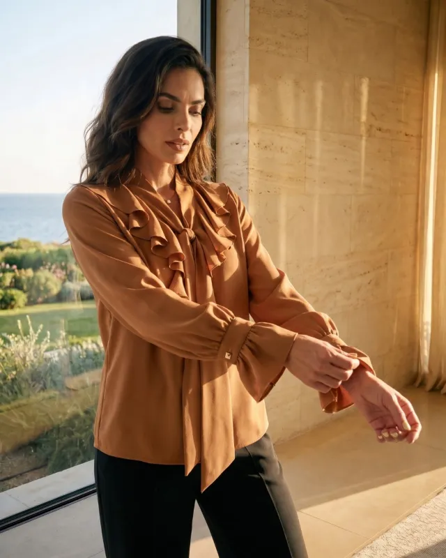 Camel dress blouse with ruffles and a tie