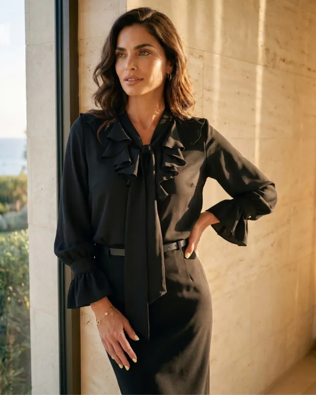 Black dressy blouse with ruffles and a tie | LaPattie