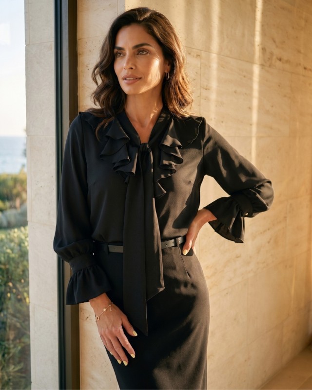Schwarze elegante Bluse mit Rüschen und Bindeband | LaPattie