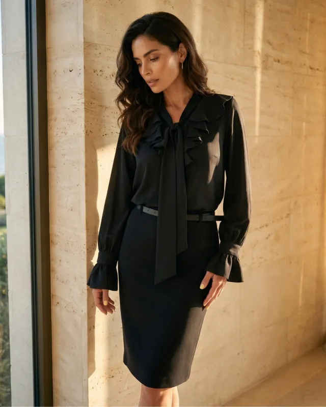 Bluză neagră elegantă cu volane și legătură | LaPattie