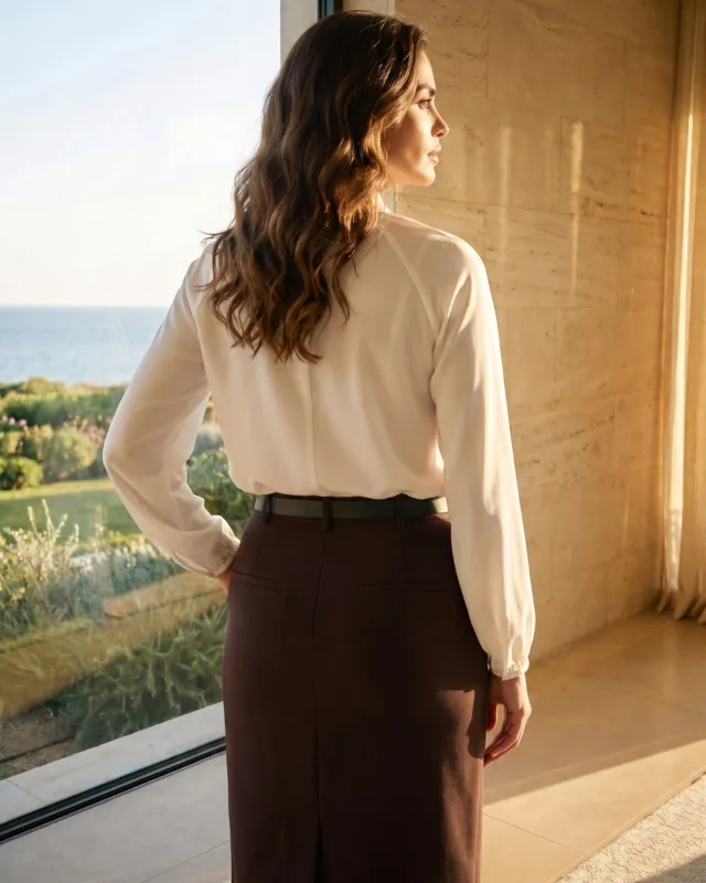 Ecrufarbene Bluse mit abnehmbarer Rose und Bindeband