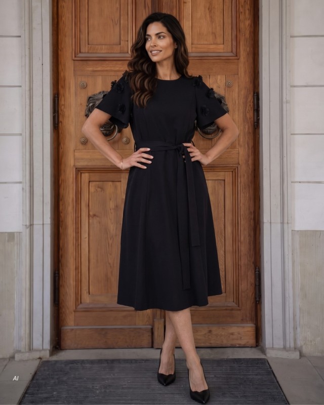 Teresa schwarzes ausgestelltes Midikleid mit Blumen an den Ärmeln