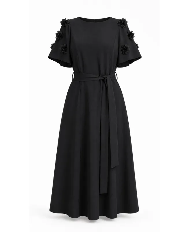 Teresa schwarzes ausgestelltes Midikleid mit Blumen an den Ärmeln
