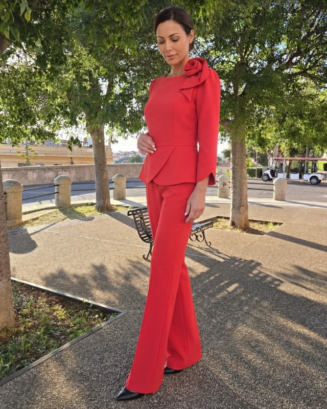 Women's red set with trousers and a peplum | POZA