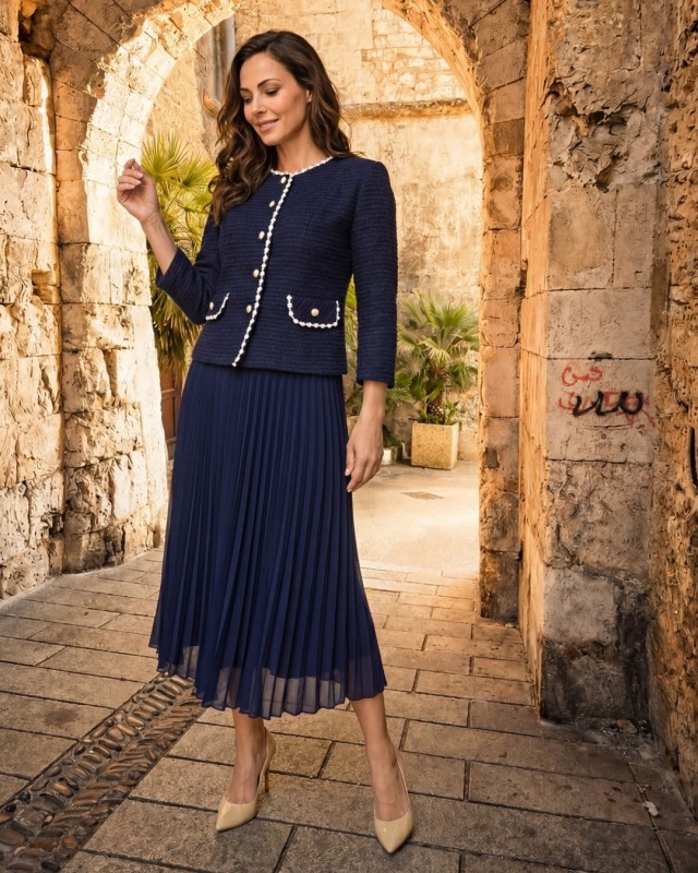 Navy bouclé skirt suit with a pleated skirt | POZA