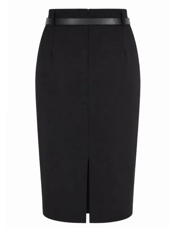 Černá pouzdrová sukně pod kolena s páskem