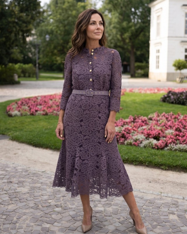 Eggplant lace midi dress with belt | POZA