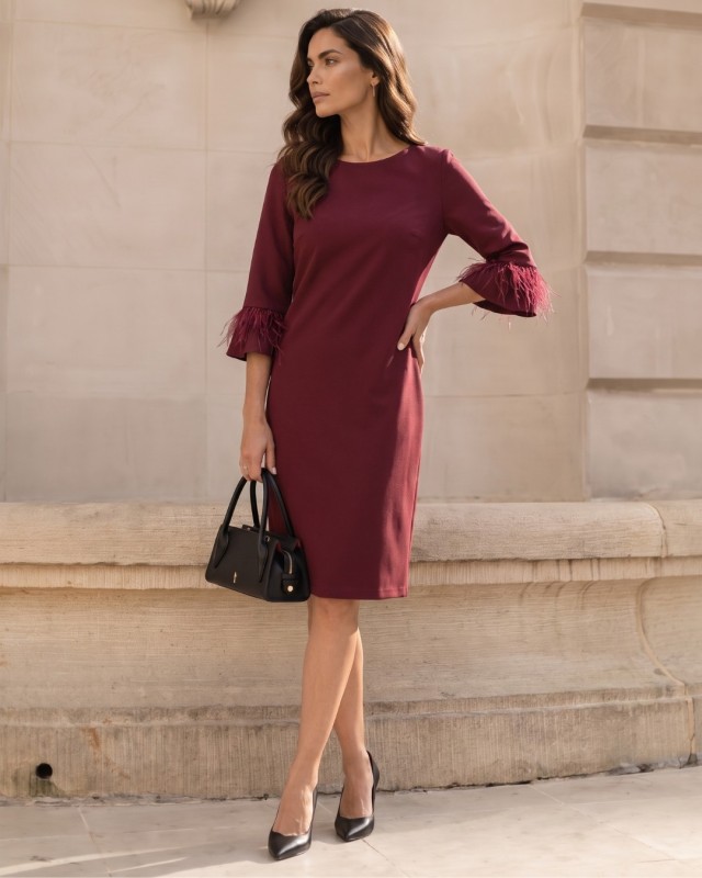 Burgundy A-line dress with feathers on the sleeves