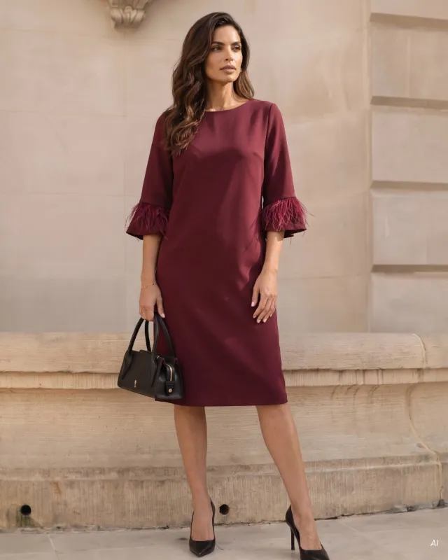 Burgundy A-line dress with feathers on the sleeves