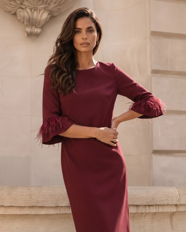 Marika Burgundy Dress with Feathers
