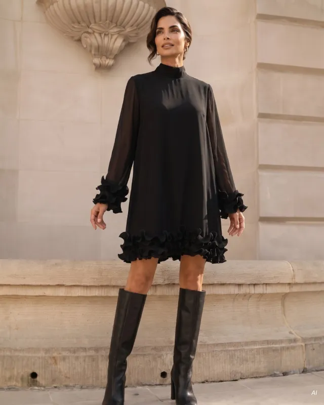 Natalia Schwarzes Chiffonkleid mit Rüsche