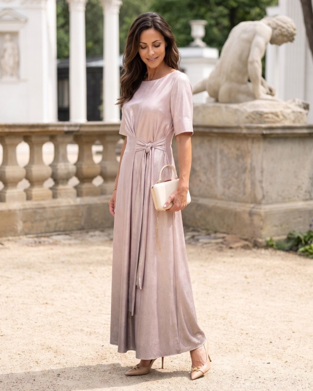 Langes puderfarbenes Abendkleid mit Glanz | POZA