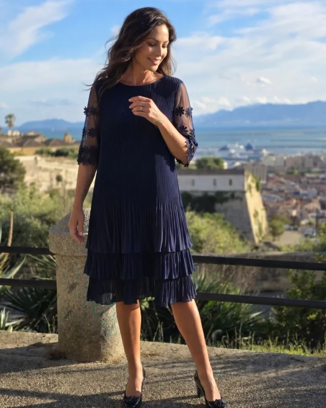 Navy pleated trapeze dress with flowers | POZA