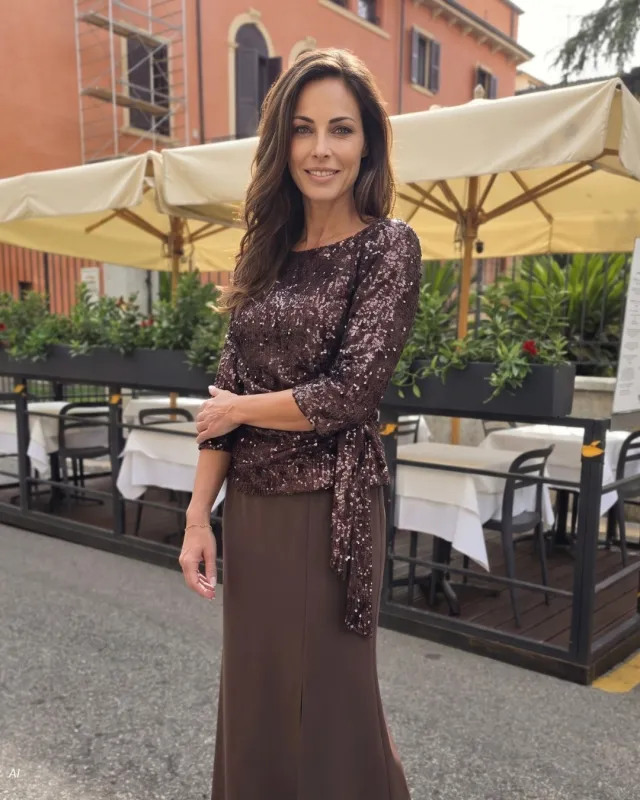Rochie lungă maro cu partea de sus cu paiete | POZA