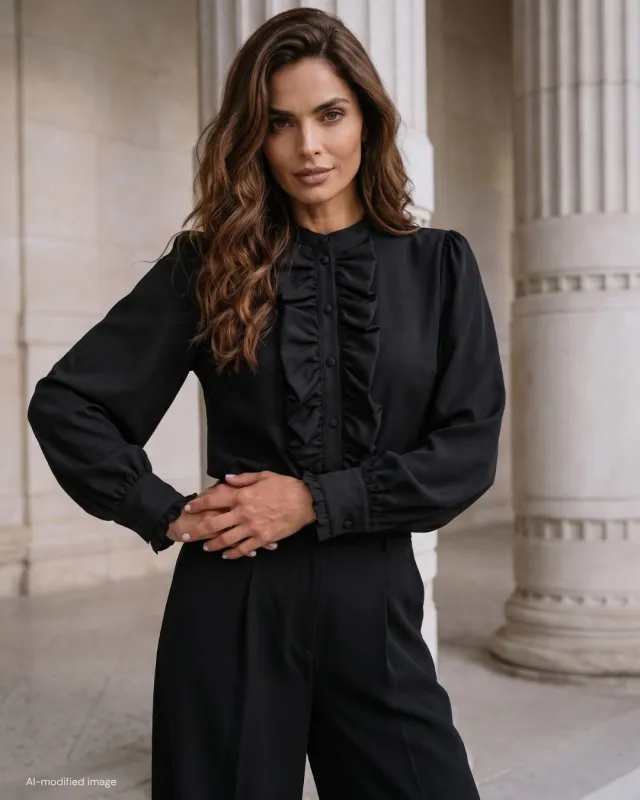 Schwarze Bluse mit Stehkragen, Jabot und Knöpfen