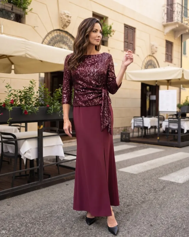 Tilda Burgundy long evening dress with a sequined top and tie-up detail