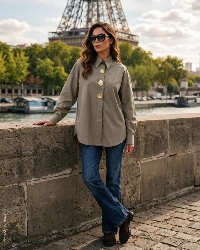 Cămașă oversized de culoare măslinie cu broșe aurii