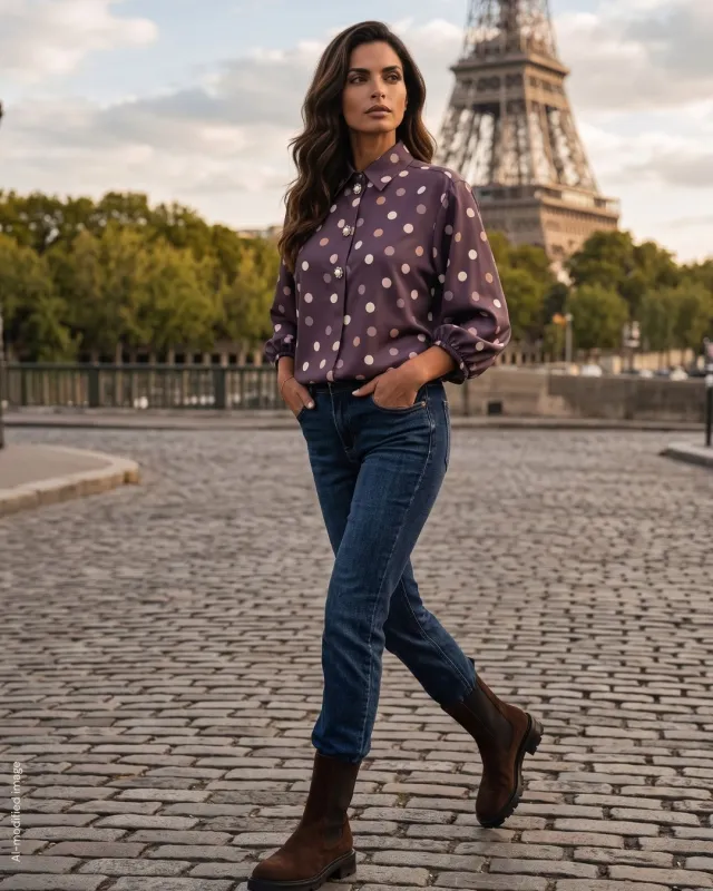 Bluse mit Punkten und dekorativen Knöpfen