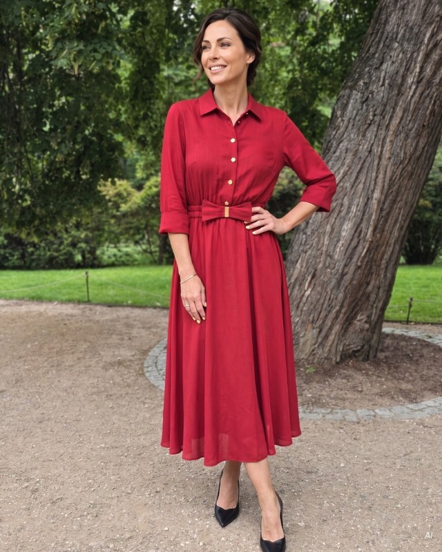 Red midi dress made of lyocell with a bow | POZA