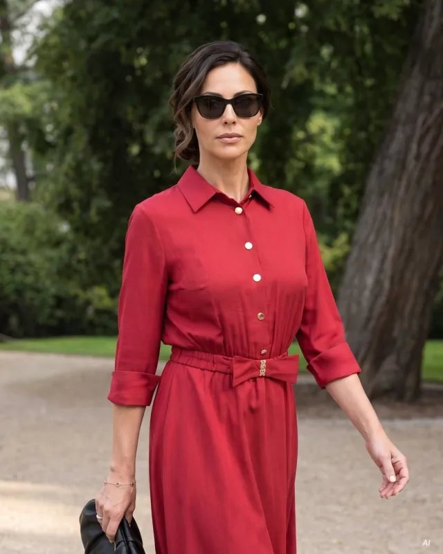 Red midi dress made of lyocell with a bow | POZA