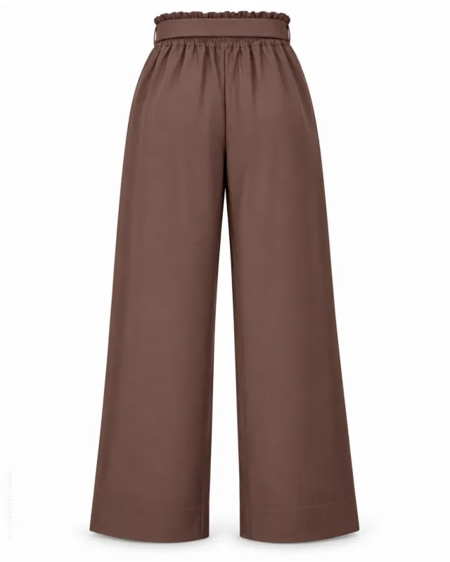 Brown wide-leg trousers with a detachable rose